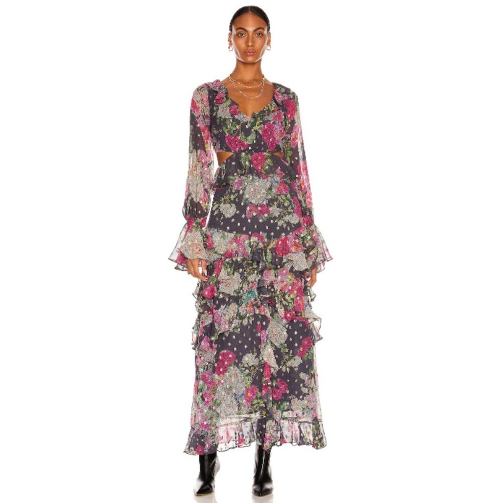 Rococo Sand Floral Ruffle Maxi Dress in Black and Pink